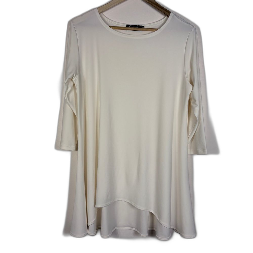 Sympli Cream White Tunic Top 3/4 Sleeve Size 12 Lagenlook Stretch Travel Neutral